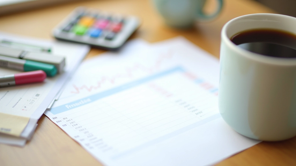 Monthly expense tracking chart and financial planning documents on table
