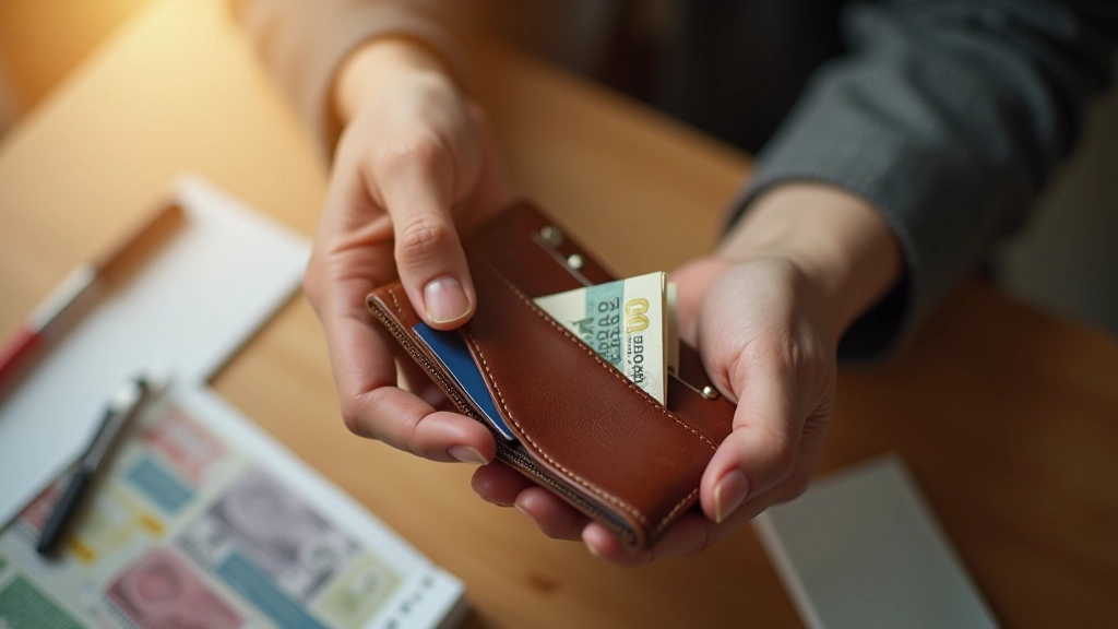 Hands holding wallet with cash and credit card on wooden table