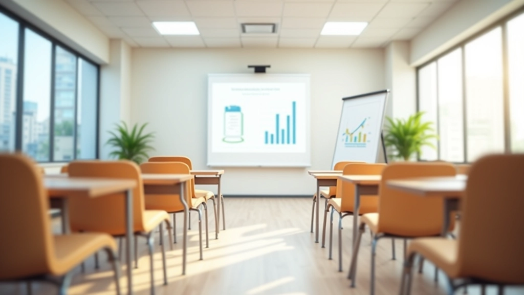 Modern classroom with comfortable seating, whiteboard, and financial education materials visible
