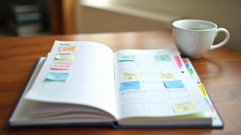 Monthly budget planner with colorful tabs and sticky notes on a desk with coffee cup nearby