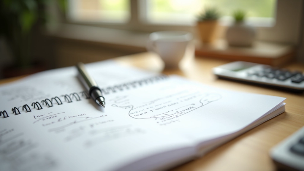 Open notebook with financial notes and calculator on desk beside pen