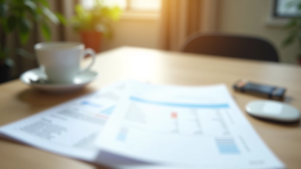 Organized financial documents and spreadsheet on desk with coffee cup