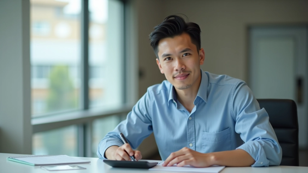 Person calculating expenses with notebook and calculator at modern desk