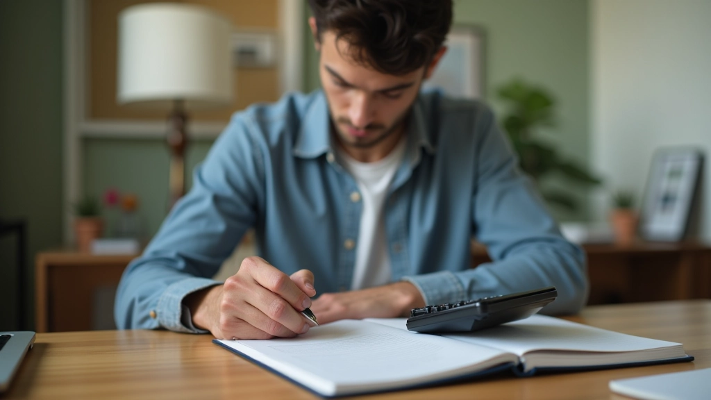 Notebook with handwritten debt repayment plan and calculator on wooden desk