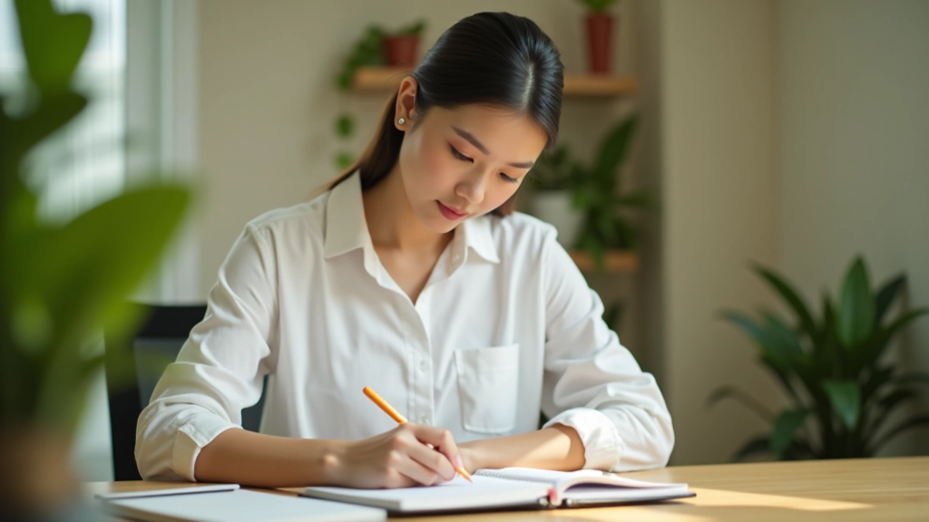 Person writing budget plan in notebook at home office desk