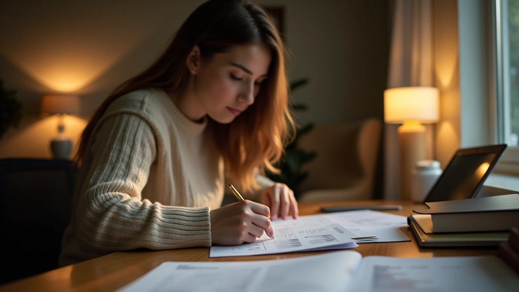 Person reviewing financial documents and statements at home office desk