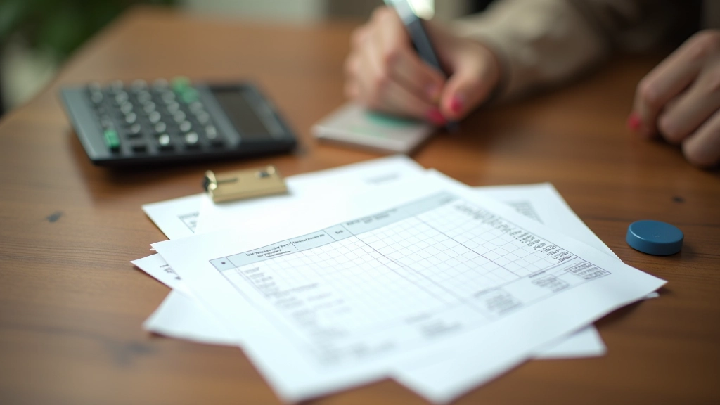 Handwritten budget notes and calculator on wooden desk showing monthly expense tracking