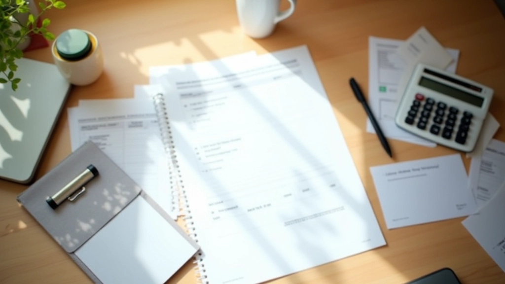 Workspace with financial documents, calculator, and planning materials spread across modern desk